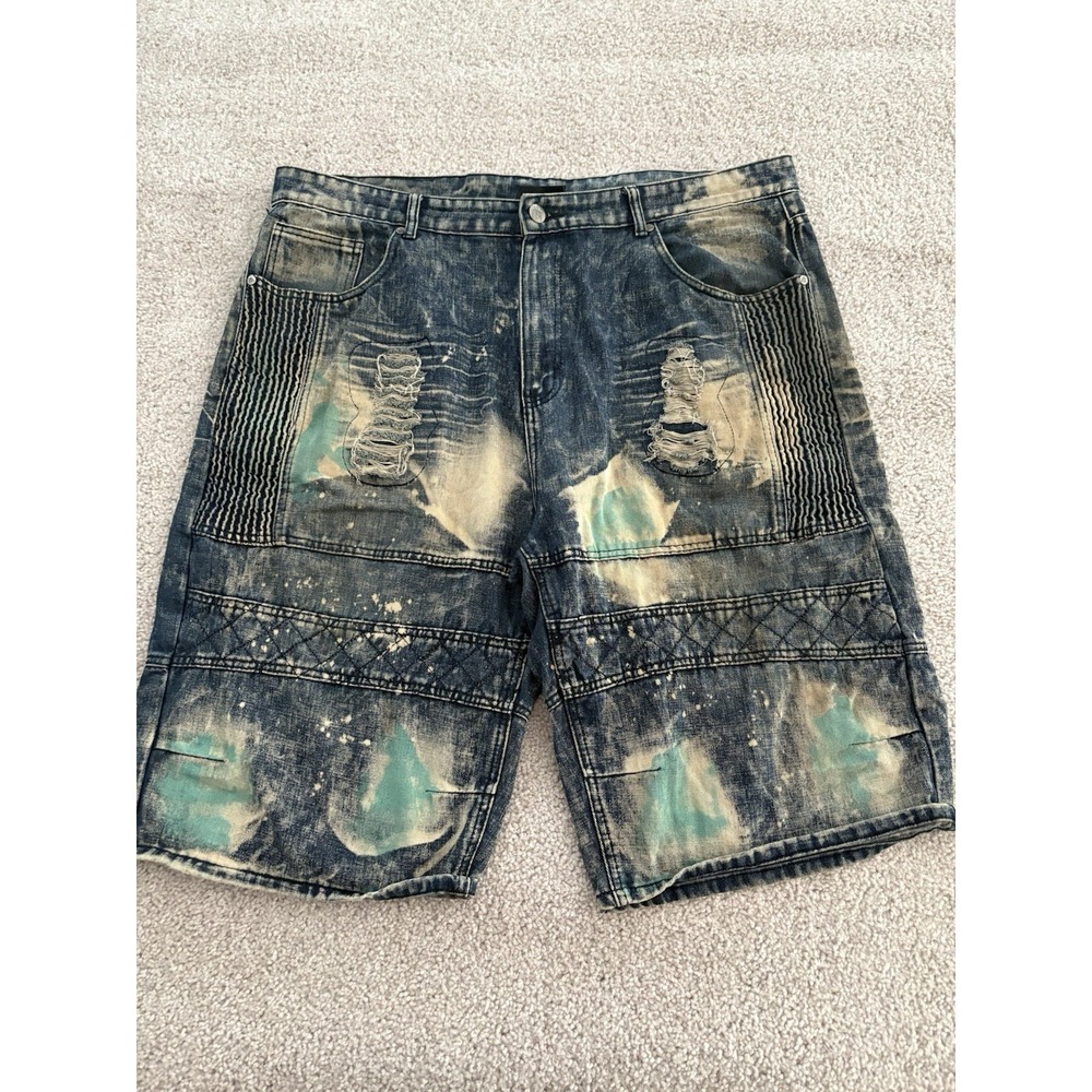 Vtg Red Ape Mens 42 Denim Shorts Baggy Bleach Acid Wash Distressed Moto Y2K